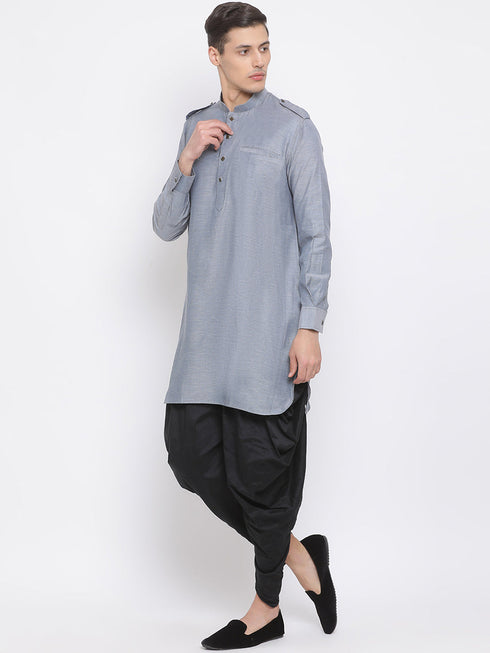 Vastramay Men's Grey Cotton Blend Kurta and Black Dhoti Set